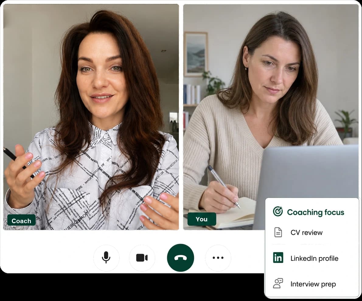 Remote coaching video call with a coach, job seeker, and coaching focus notes.